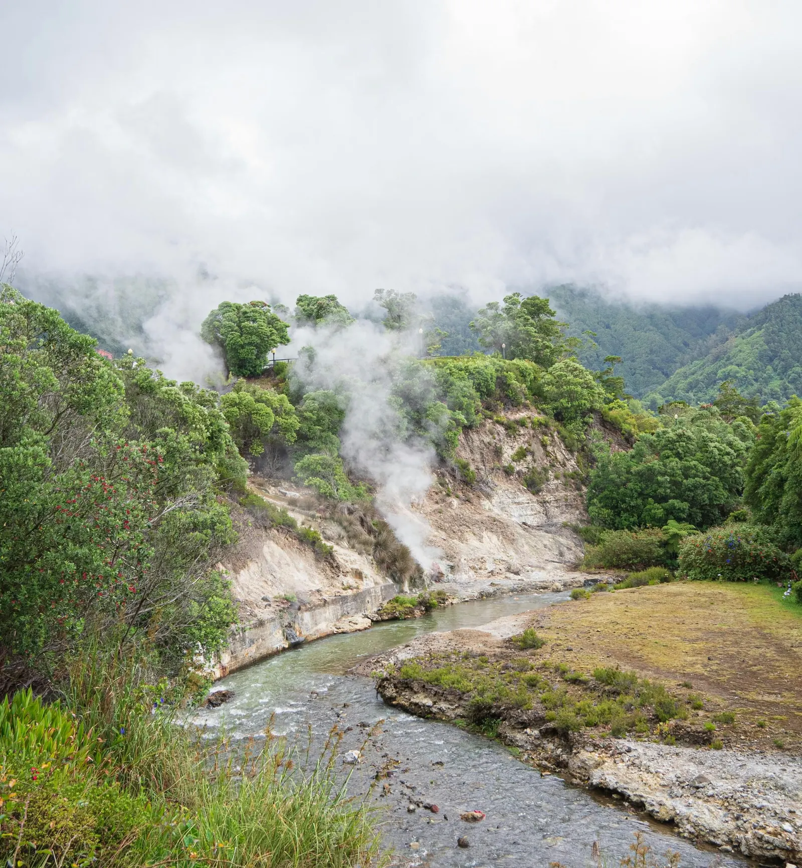 Steam rising from the geothermal riverbanks of the Furnas valley