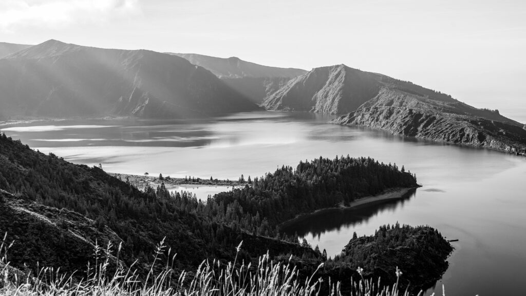 Stunning black and white aerial view of Lagoa do Fogo in Açores, Portugal.